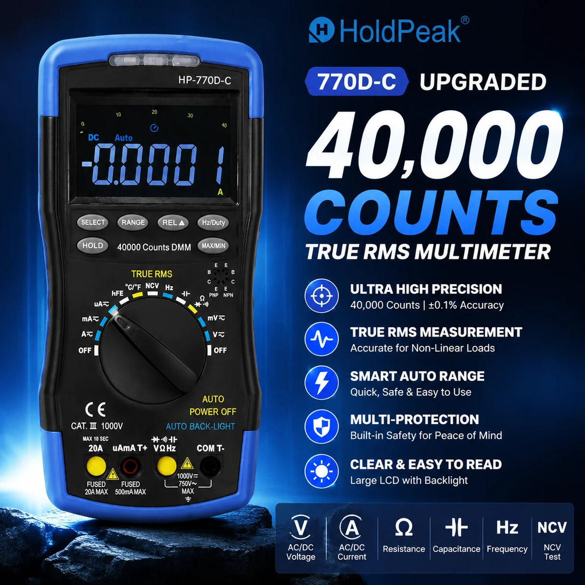 HoldPeak LCD Digital Counts True RMS Auto Range Multimetro — product view 1