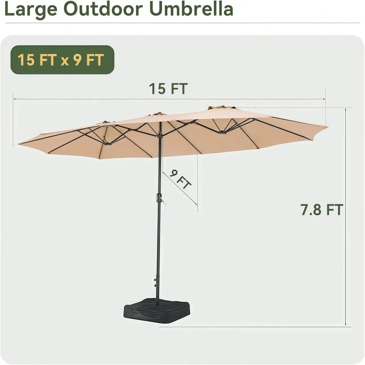 Nordivale 15ft Double-Sided Rectangular Patio Umbrella Beige Crank Handle Vented Canopy Large Outdoor Parasol with Base for Pool Deck Garden
