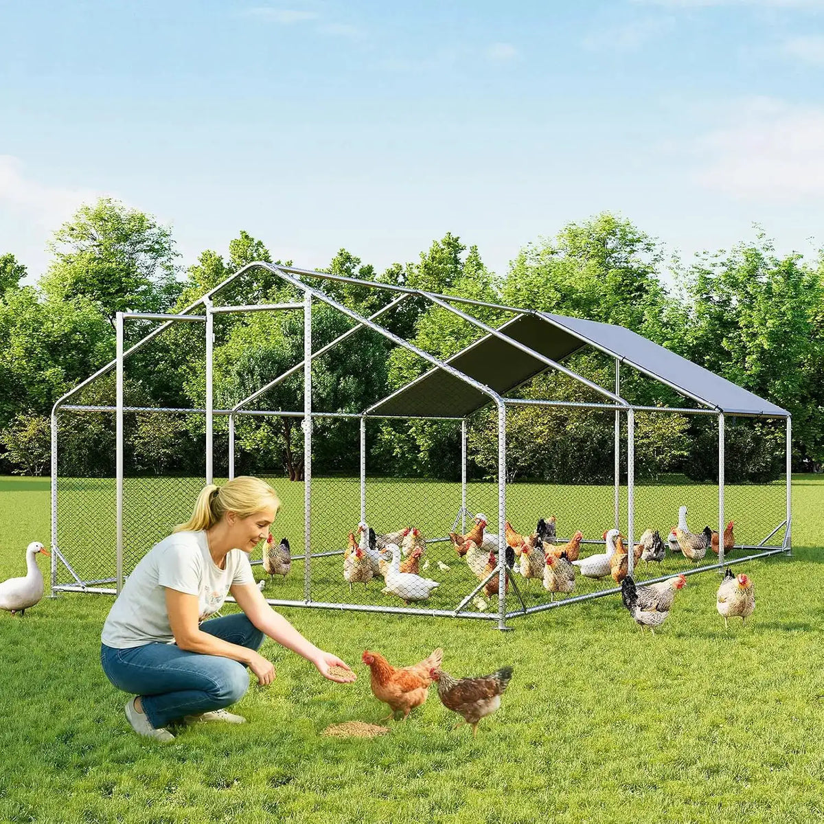 Nordivale Large Metal Chicken Coop 19x10ft Outdoor Walk In Hen House With Spire Roof Security Lock Yard Farm Enclosure Cage