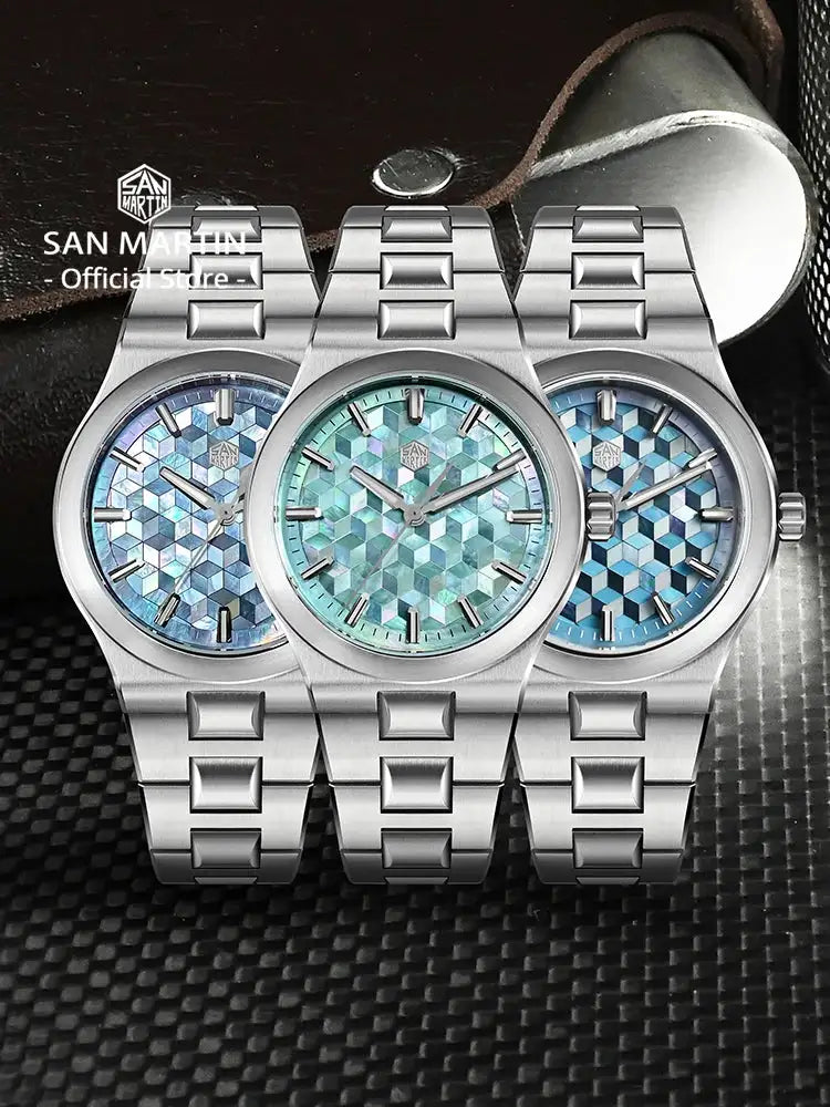 San Martin Original Design Spliced MOP Dial Integrated Bracelet Miyota 90S5 Automatic Mechanical Watches Men Sports Watch SN0149