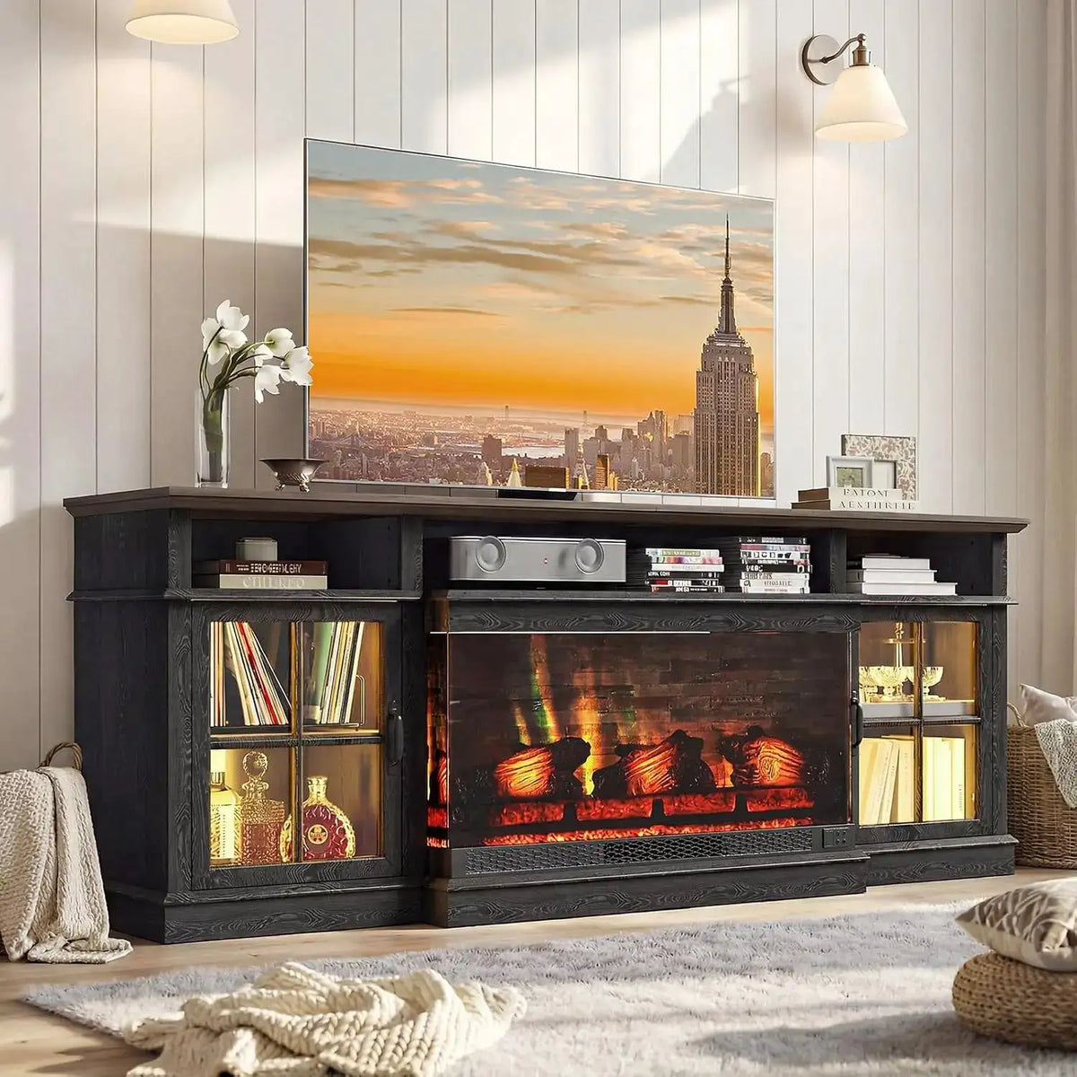 Aoxun 70 Inch Farmhouse TV Stand with Electric Fireplace Media Entertainment Center with LED Lights and Glass Door for Living Room Fits TVs up to 80 Inches Black