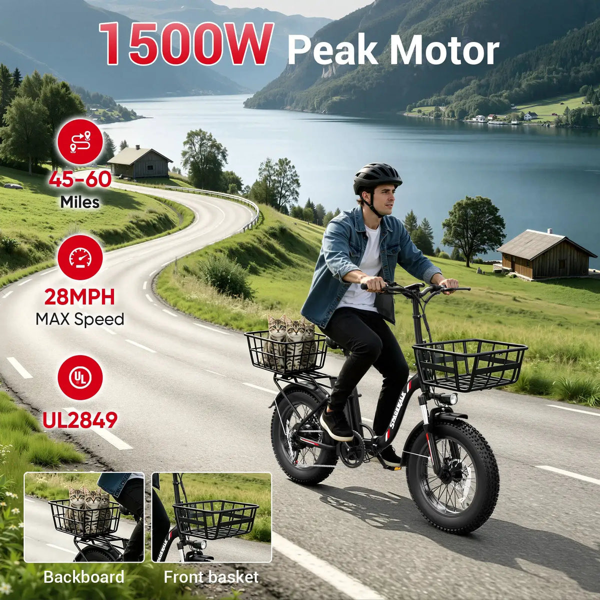Spacewalk 1500W Peak Motor Fat Tire Electric Bike for Adults 20x4.0 Folding E-Bike 48V 15Ah Electric Bicycle Removable Battery with NFC Unlock 28MPH Long Range 45-60 Miles 7-Speed Gears 5 PAS UL2849