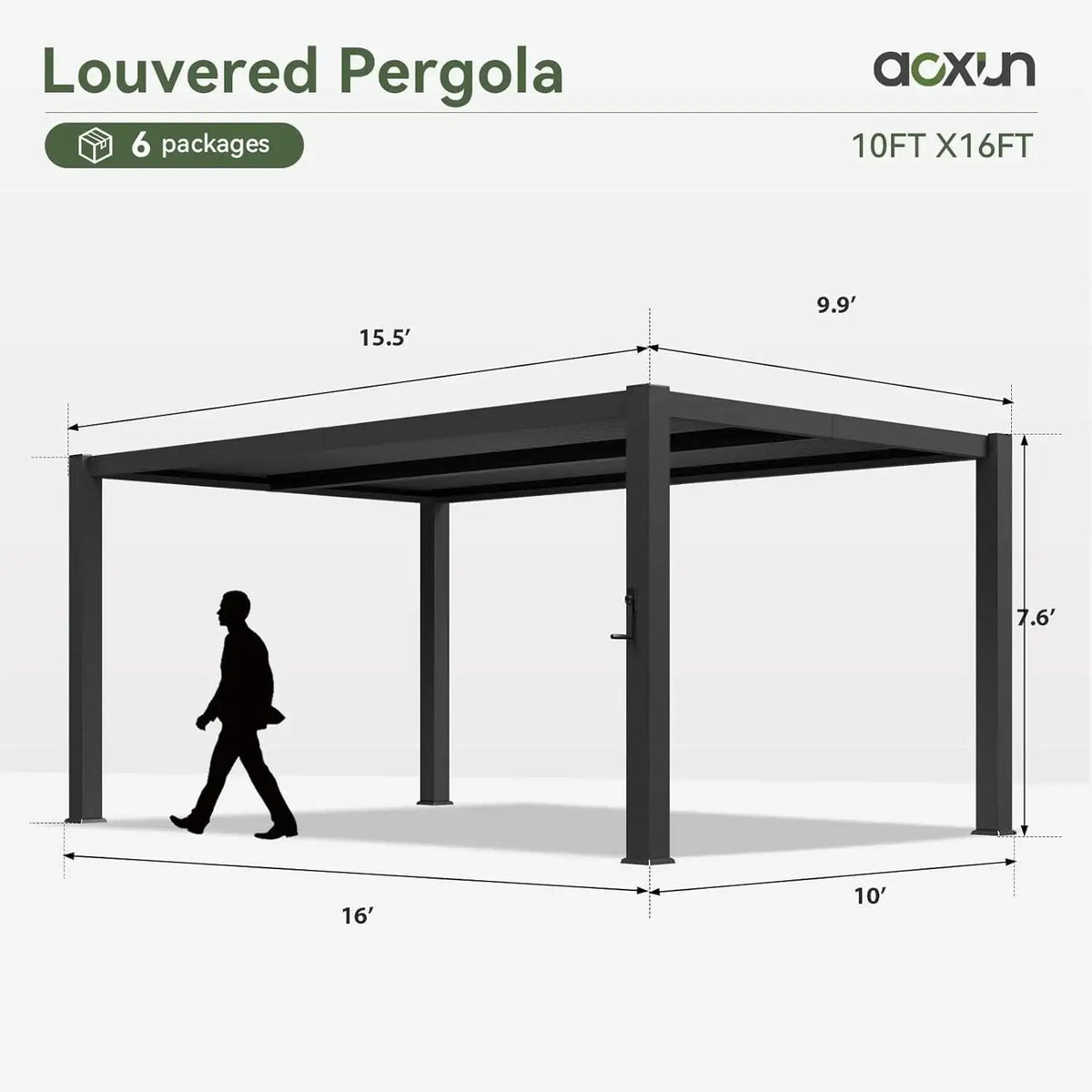 Aoxun 10x16Ft Outdoor Metal Pergola with Independent Adjustable Roof & Built-in Drainage for Patio Backyard