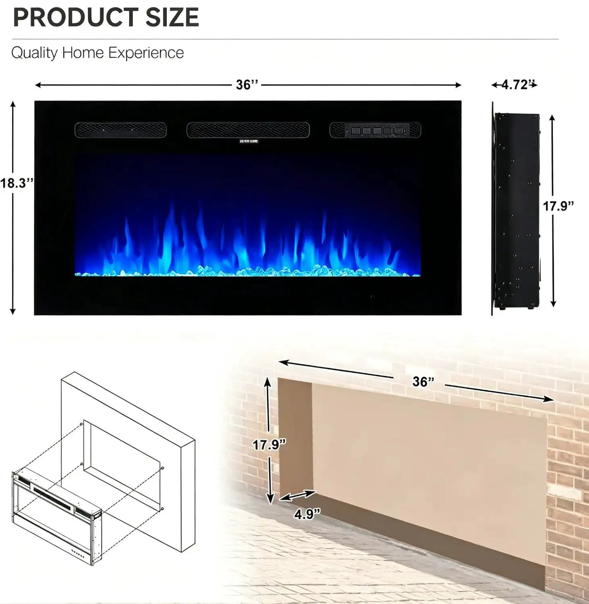 36 Inch Electric Fireplace LED Heater 12 Flame Settings Realistic 12 Color Flame Adjustable Timer Touch Screen Remote Control Crystal Stone 750 1500W