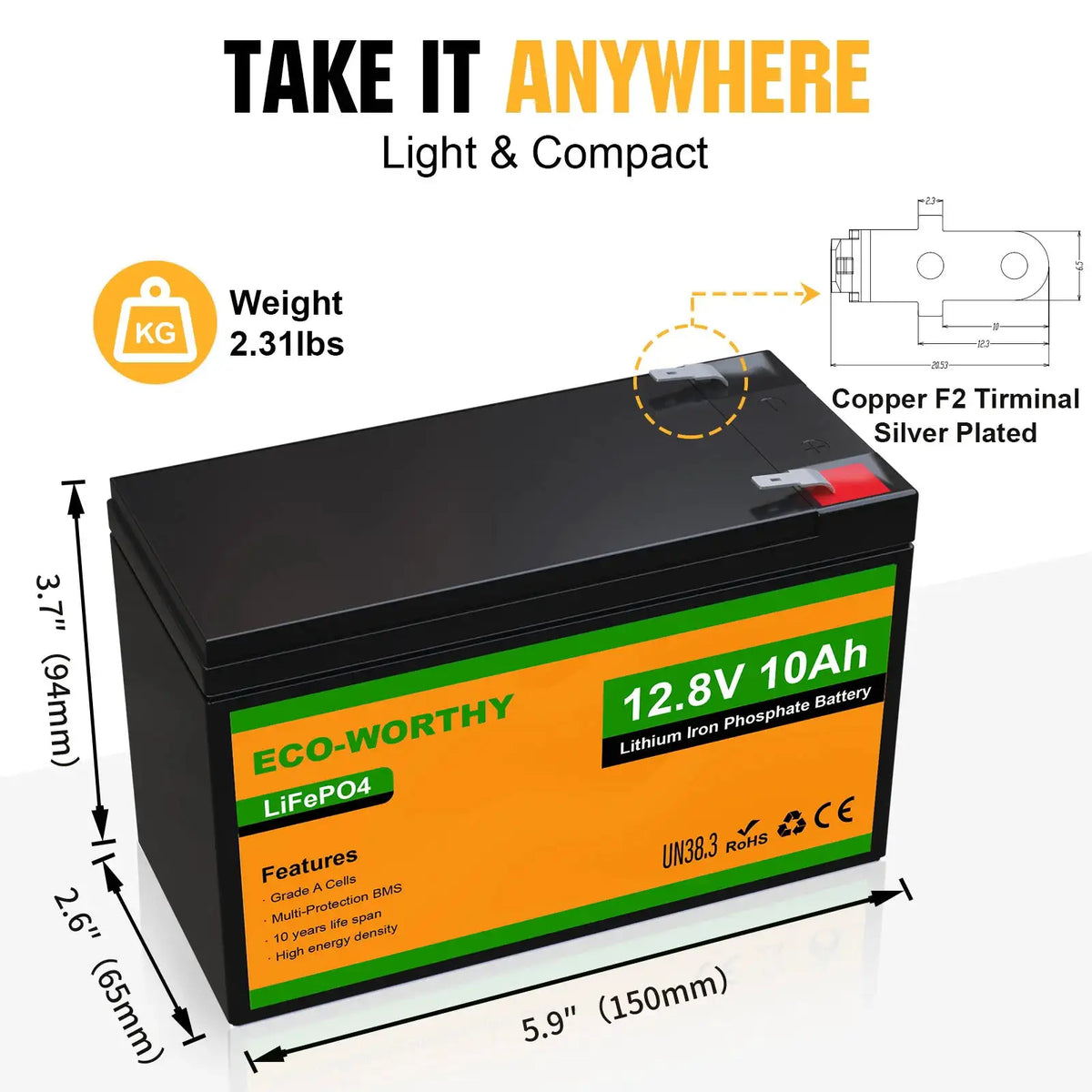 ECO-WORTHY 2 Pack 12V 10Ah LiFePO4 Lithium Battery, 3000+ Deep Cycle Rechargeable Battery, Perfect for Lighting, Fish Finder