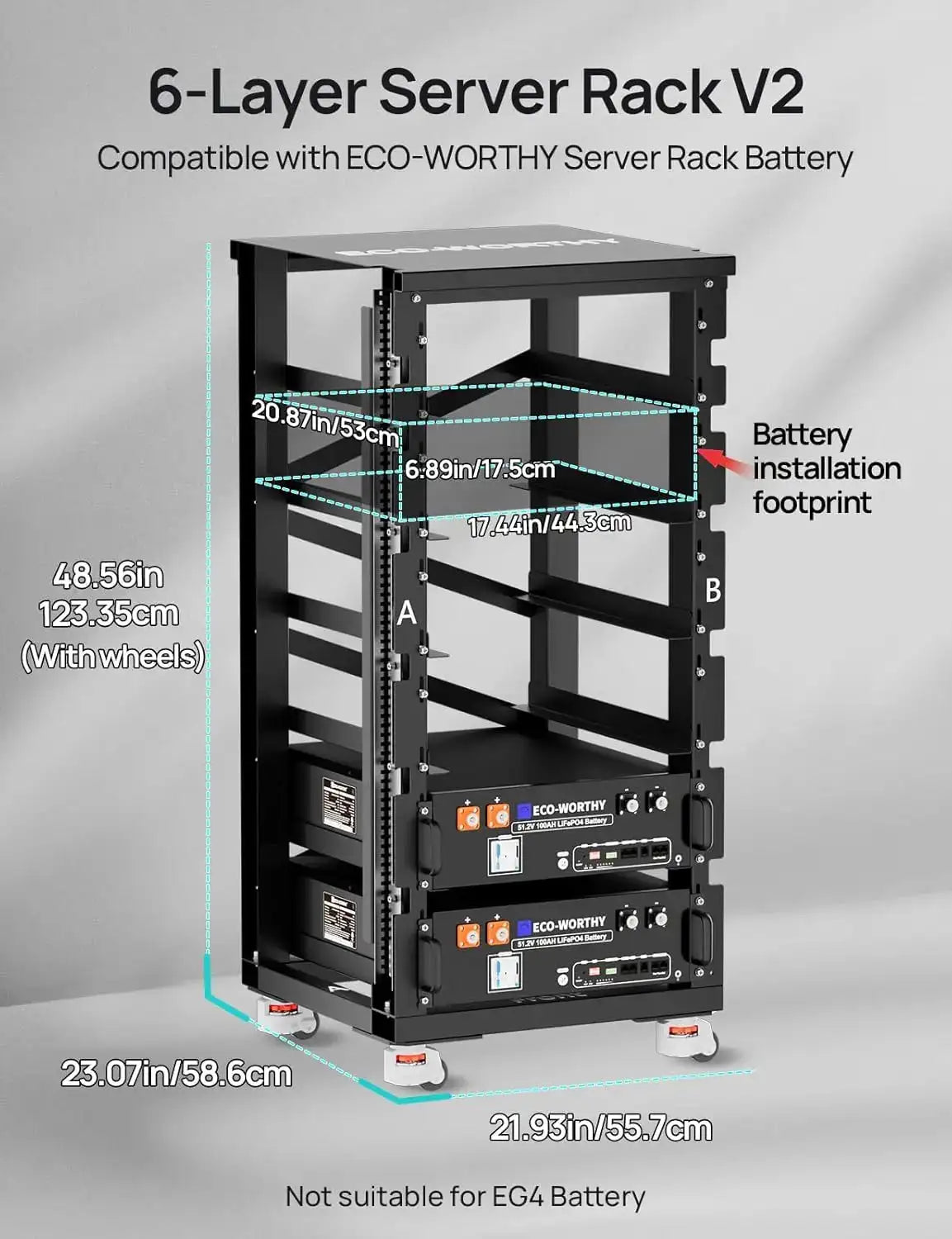 ECO-WORTHY RACK6 V2, 6-Layer Server Rack with 600A Busbar, Compatible with All ECO-WORTHY Rack Battery Versions