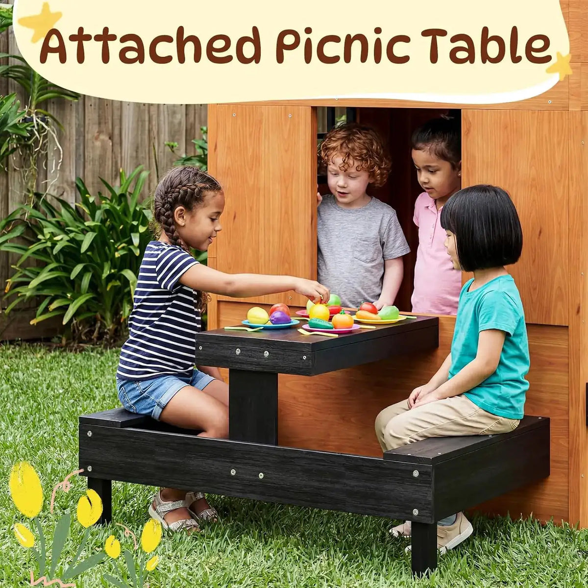Nordivale Outdoor Playhouse Modern Fir Wood Kids Backyard Garden House with Play Kitchen Table Chalkboard Half Door Windows Flower Box Indoor Imaginative Pretend Play Toys for Boys Girls Ages 3-8