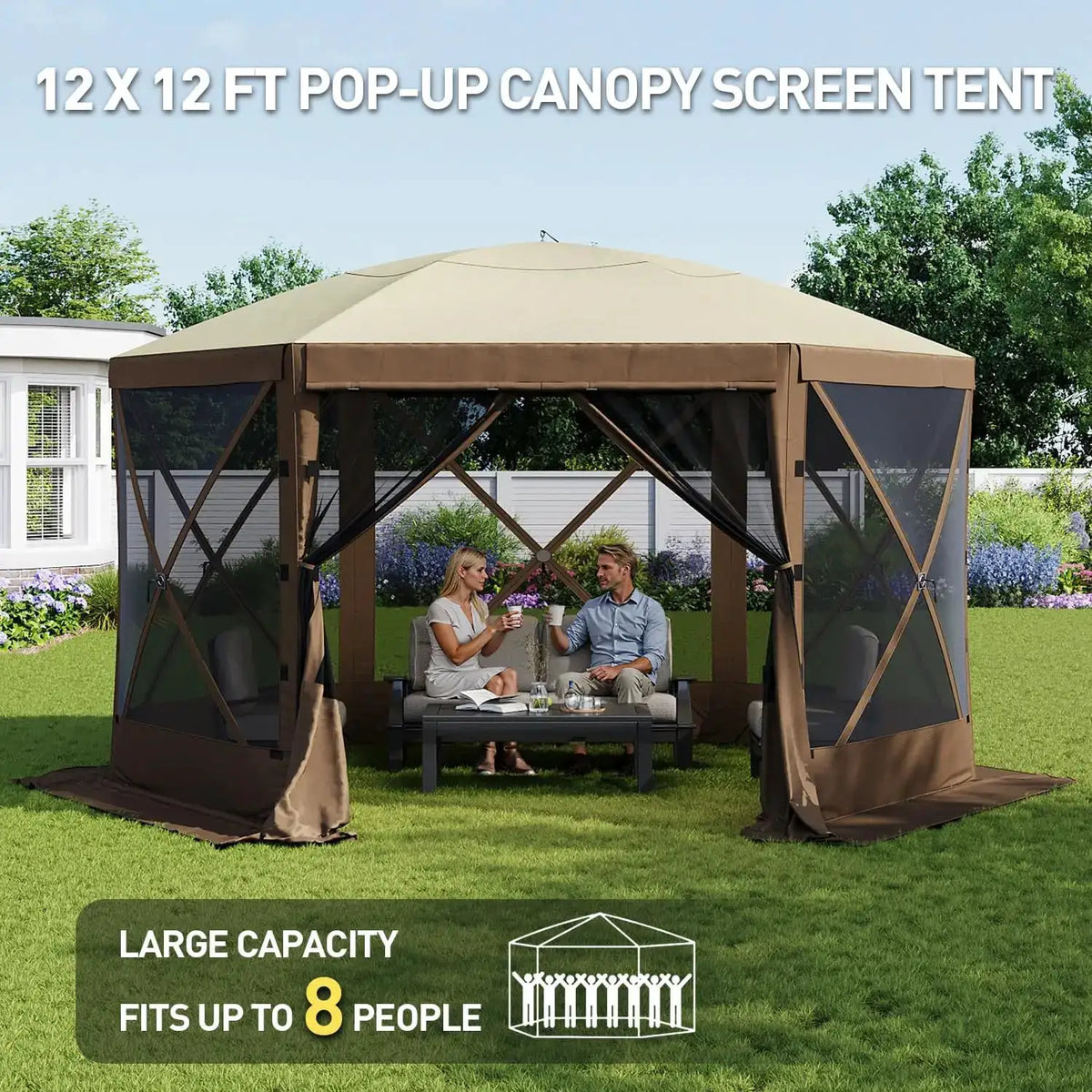 Aoxun 12x12ft Pop Up Canopy Tent 6 Sided Screen Tent With Mesh Windows And Carrying Bag Large Sunshade For Camping Backyard Courtyard Lawn Brown