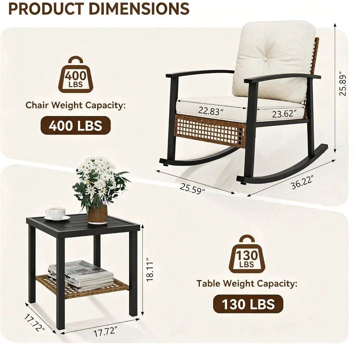 3 Piece Outdoor Rocking Bistro Set Patio Furniture With Coffee Table And Thick Cushions Wicker Rocking Chairs Set Of 2 For Garden Balcony Backyard Poolside Beige