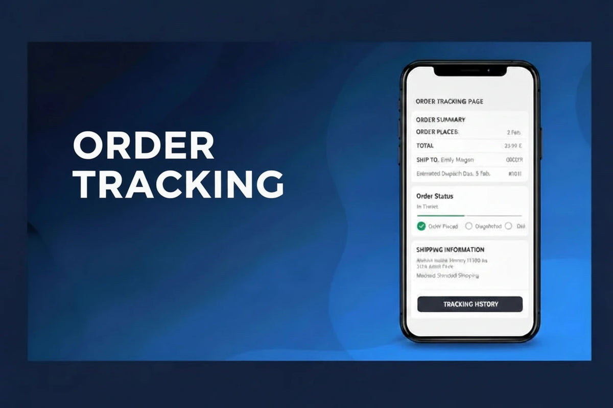 Promotional graphic for a mobile-friendly order tracking page template, with orange abstract shapes, the text 'MOBILE FRIENDLY' and descriptive copy, and a smartphone mockup displaying the interface.
