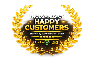 Gold laurel wreath with 'Thousands of Happy Customers' text and 5-star rating on a white background