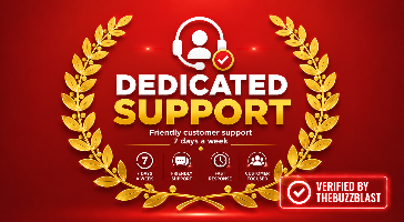 dedicated support with laurel wreath on a red background, featuring the Buzzblast verification logo.