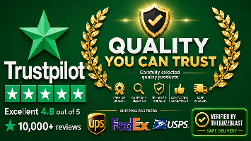 Trustpilot logo with quality assurance symbols and shipping partner logos on a green background