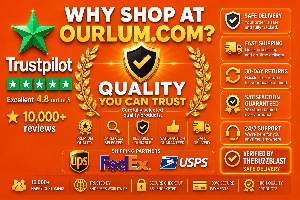 Ourlum.com with trust badges, shipping partners, and customer satisfaction information on an orange background.