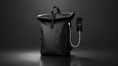 Black backpack with a smartphone attached via USB cable on a dark background