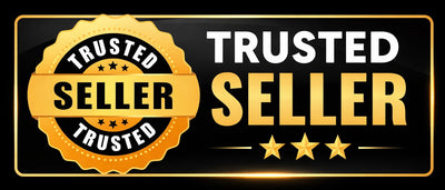 Gold 'Trusted Seller' badge on a black background