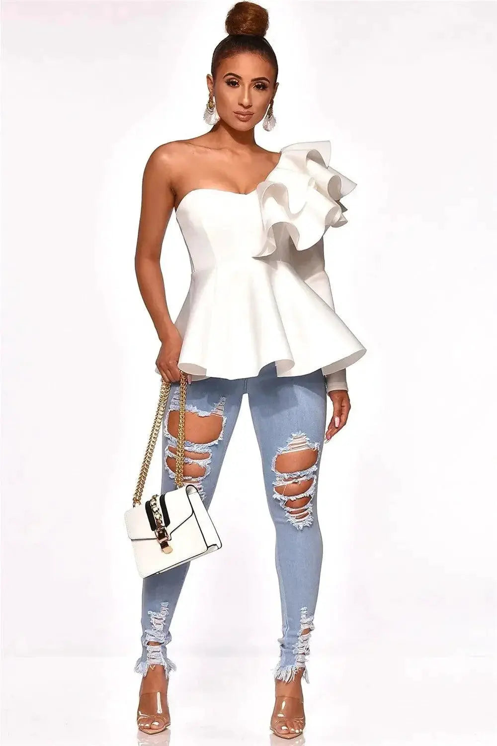 Elegant One Shoulder Ruffle Peplum Blouse Chic Party Top