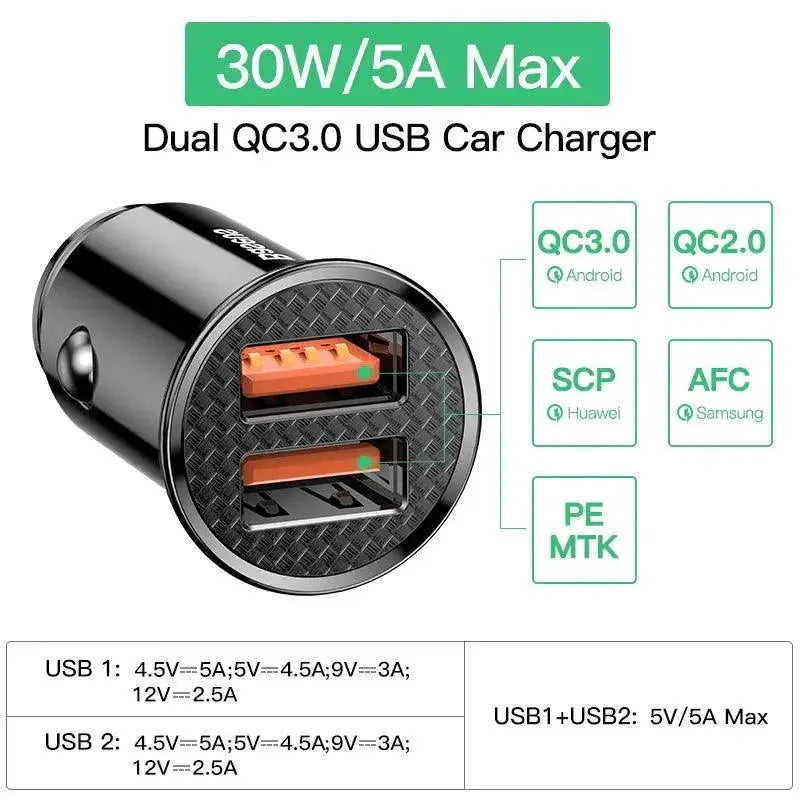Baseus 30W Car Charger Fast Charging Xiaomi IPhone Samsung