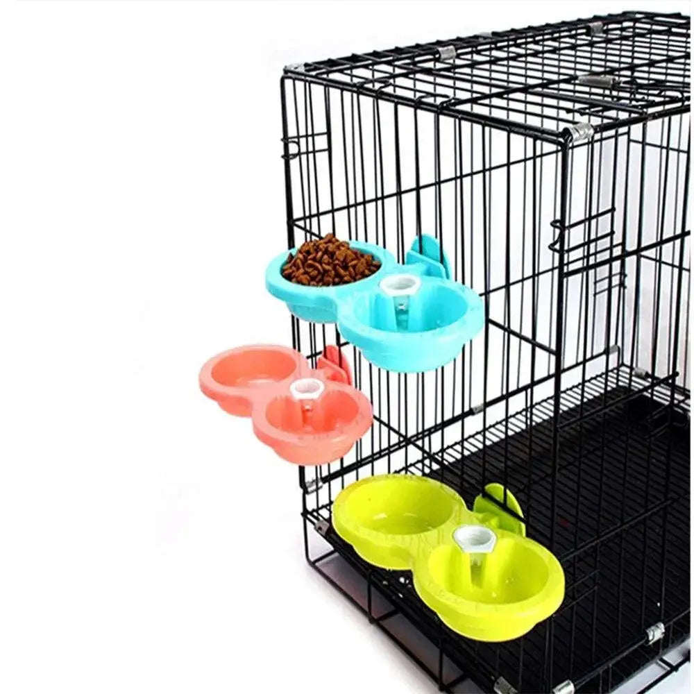 Double Hanging Pet Cage Bowls With Automatic Water Feeder