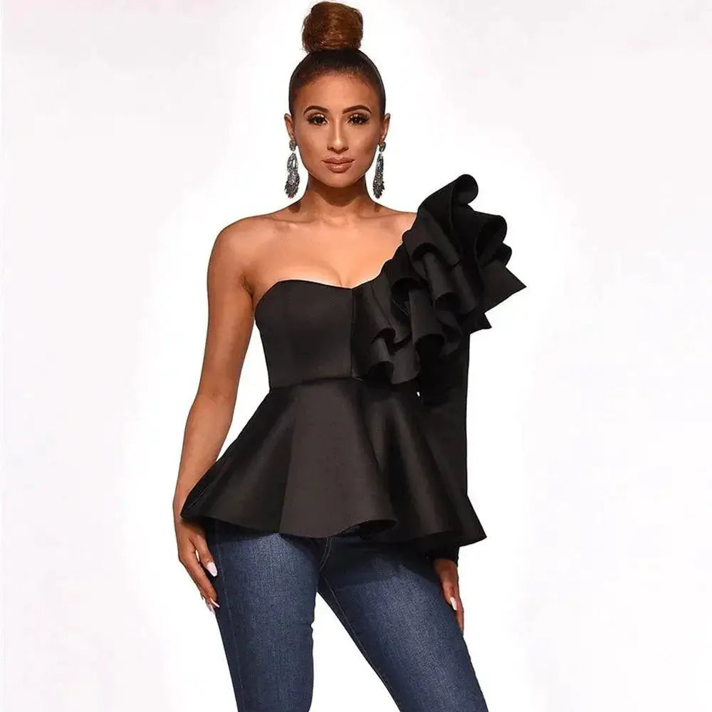 Elegant One Shoulder Ruffle Peplum Blouse Chic Party Top