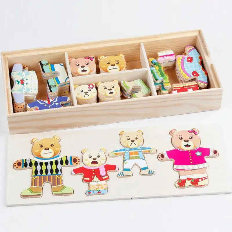 QWZ Little Bear Wooden Jigsaw Puzzle Dress Up Game Toy
