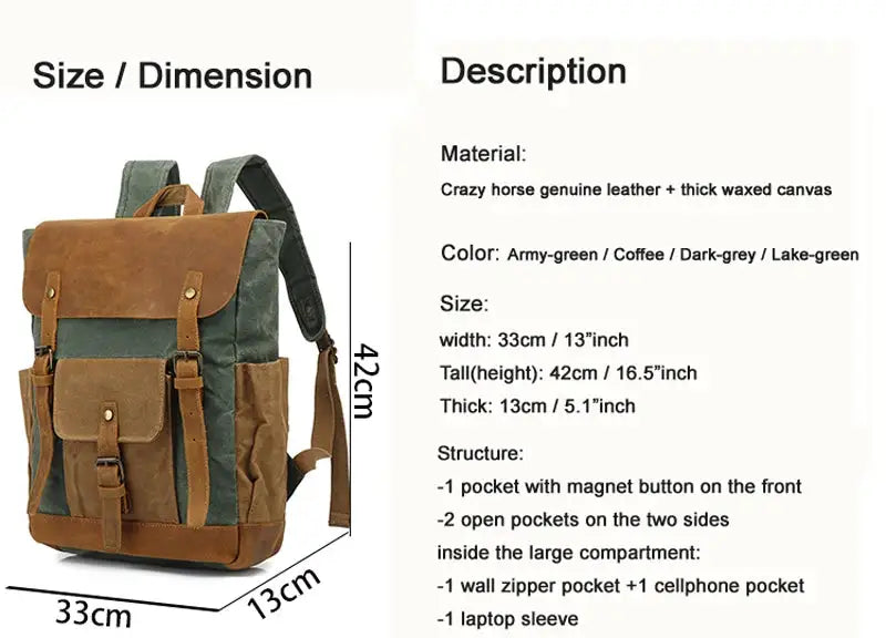Vintage Waterproof Waxed Canvas Leather Backpack teenage girls Fashion School Bag Men Rucksack male bagpack large knapsack