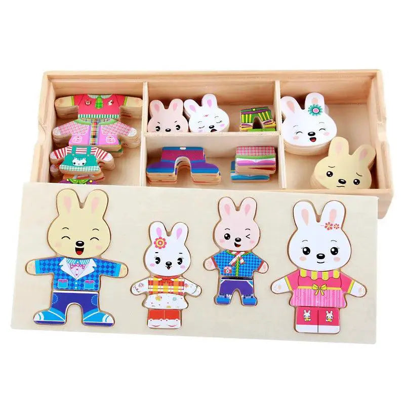 QWZ Little Bear Wooden Jigsaw Puzzle Dress Up Game Toy