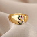 Rainbow Zircon Letter Rings For Women Fashion Jewelry 2024