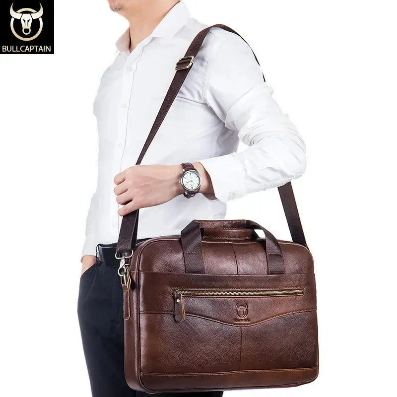 BULLCAPTAIN Genuine Leather 14 Inch Laptop Briefcase For Men
