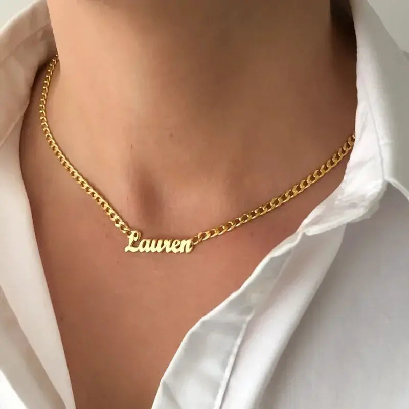 Custom Name Necklace With Curb Chain Gold Stainless Steel
