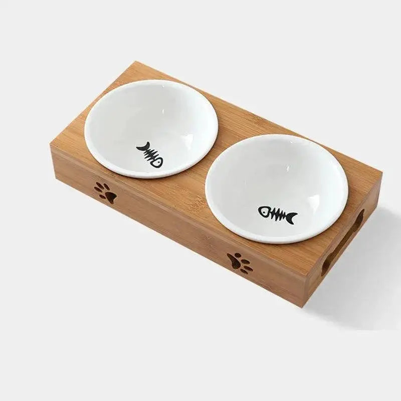 Ceramic Bamboo Pet Bowl Set Stylish Elevated Feeding Station