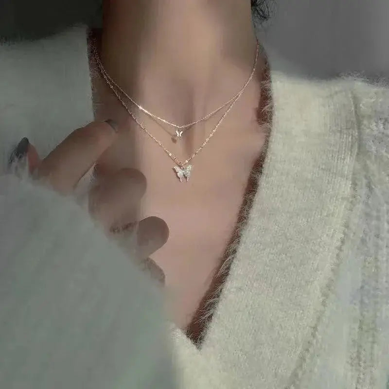 New Shiny Butterfly Necklace Exquisite Double Layer Chain