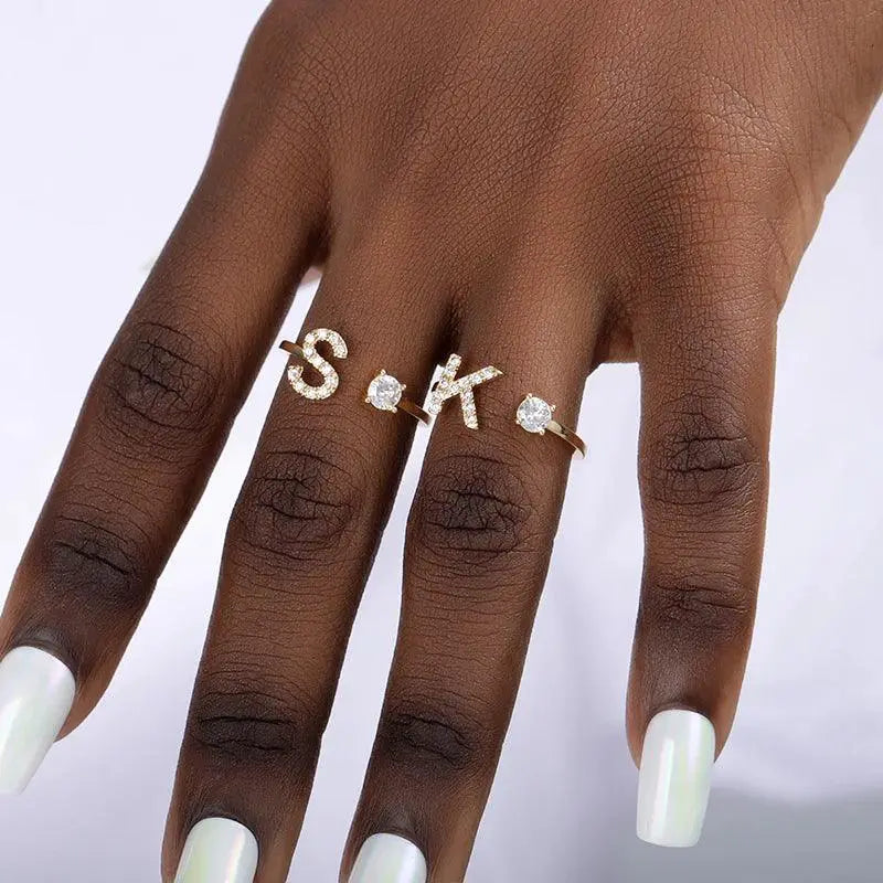 Zircon Initial A To Z Letter Ring For Women Adjustable Steel