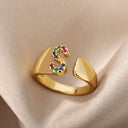 Rainbow Zircon Letter Rings For Women Fashion Jewelry 2024