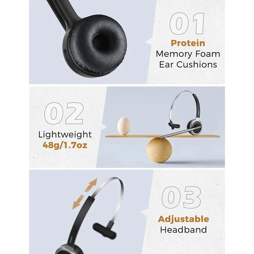 1/2 Pack Mpow M5 Bluetooth V5.0 Headset Wireless Truck Driver Headphones Hands-free Call Headset with Mic for Call Center Office
