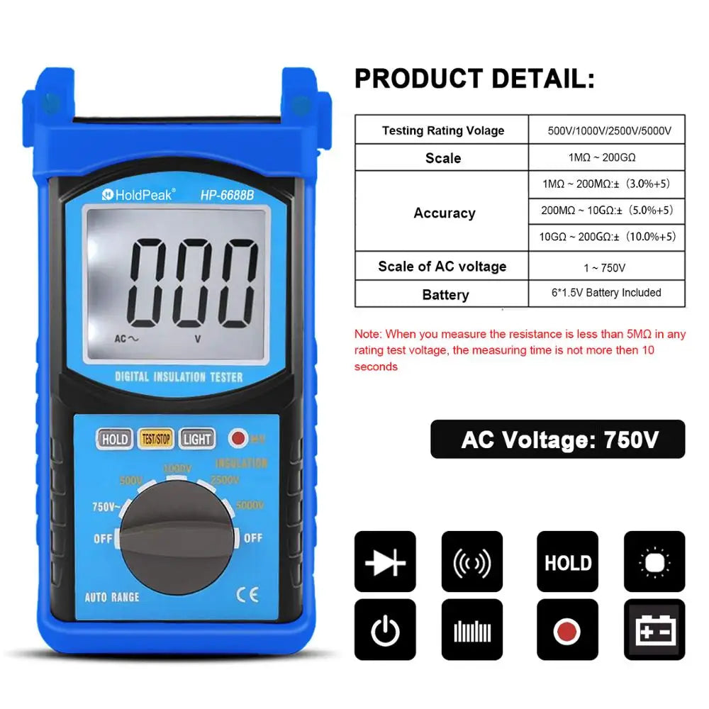 HoldPeak Insulation Resistance Tester Megometer Digital Handheld — product view 3