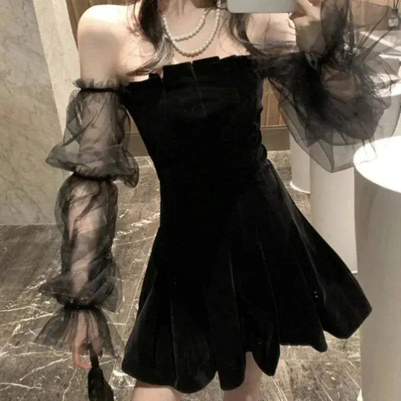 Gothic Elegance Velvet Mini Dress Off Shoulder Vintage