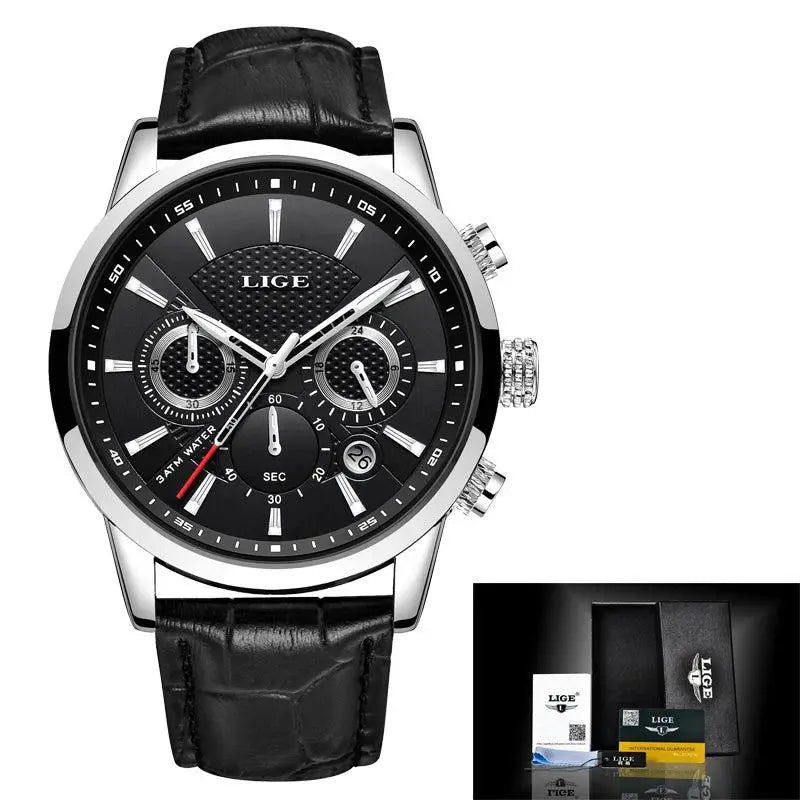 Lige Chronograph Leather Watch for Men Japanese Quartz