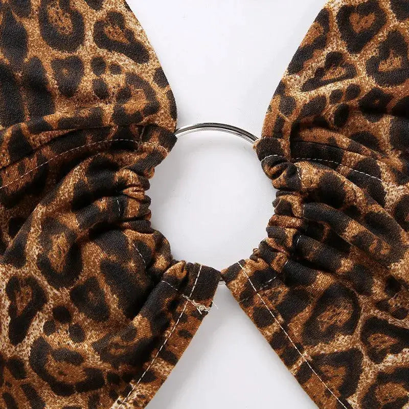 Leopard Print Halter Crop Top With Sequins Detail Night Out