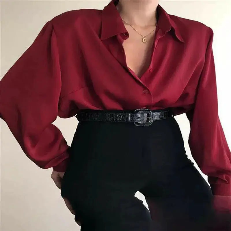 Elegant Red And Black Button Down Office Blouse For Women