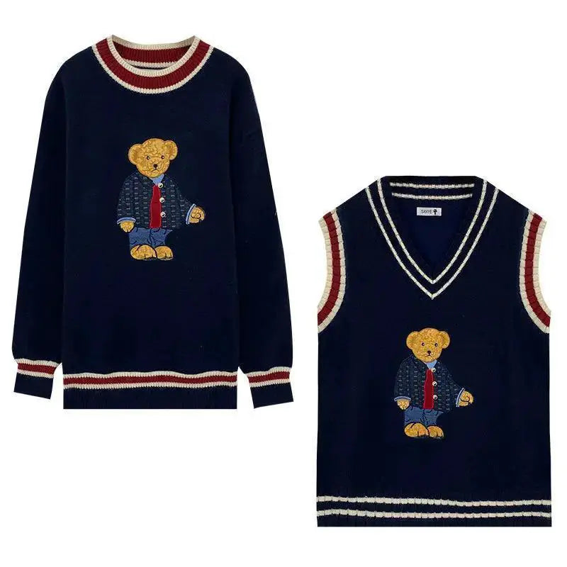 Japanese Cartoon Bear Knit Vest Oversized Cozy Autumn Style