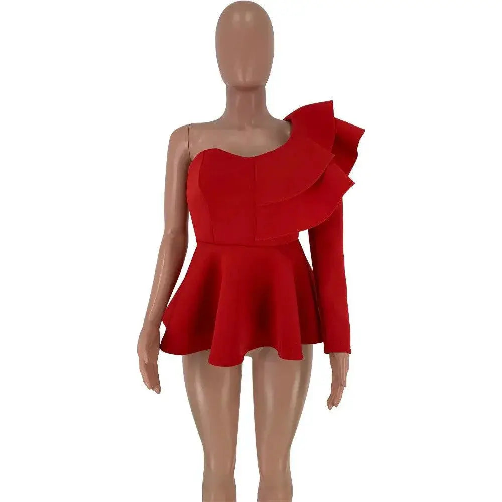 Elegant One Shoulder Ruffle Peplum Blouse Chic Party Top