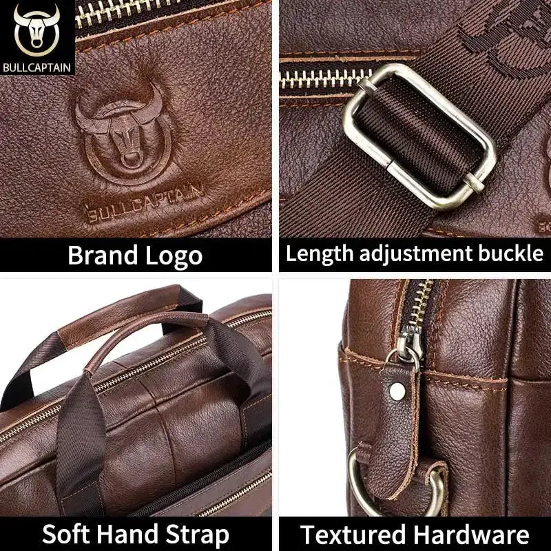 BULLCAPTAIN Genuine Leather 14 Inch Laptop Briefcase For Men