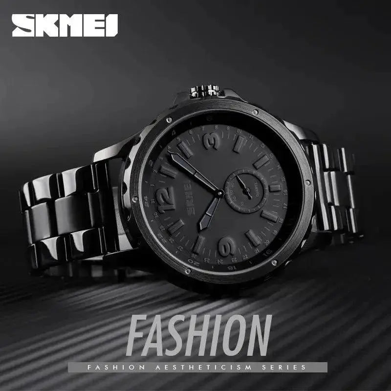 SKMEI Black Steel Quartz Watch Elegant Waterproof Timepiece