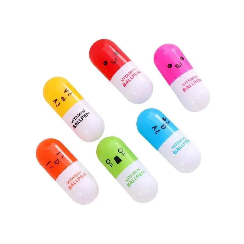 Vitamin Capsule Smiley Face Ballpoint Pen Set Colorful Pens