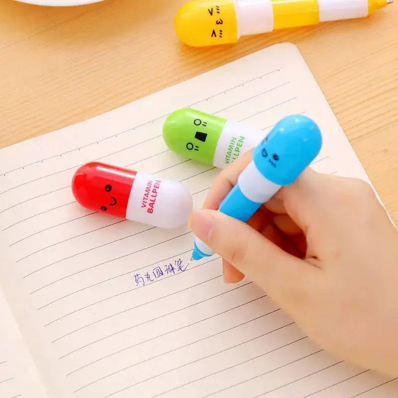 Vitamin Capsule Smiley Face Ballpoint Pen Set Colorful Pens