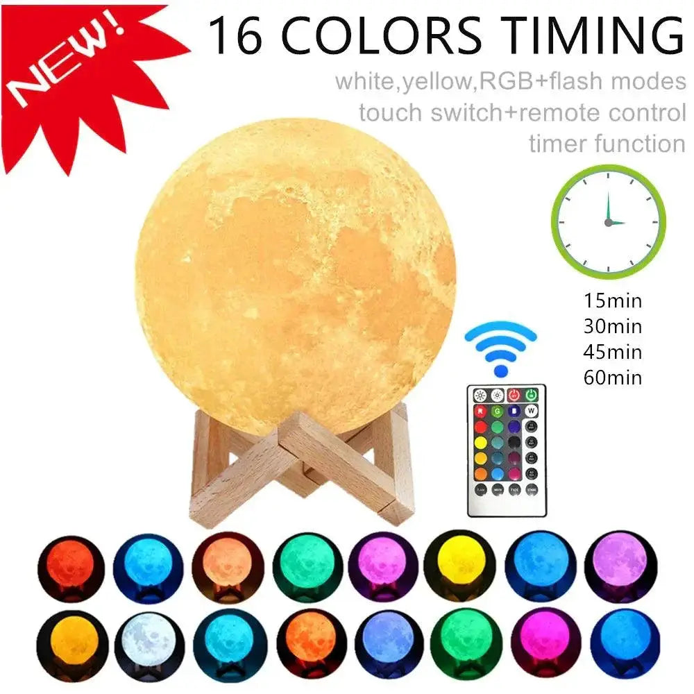 Rechargeable 3D Printed Moon Lamp LED Night Light Colors