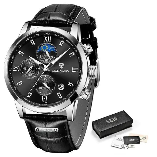 Chronograph Leather Watch for Men Quartz — 9866-gold balck