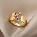 Rainbow Zircon Letter Rings For Women Fashion Jewelry 2024