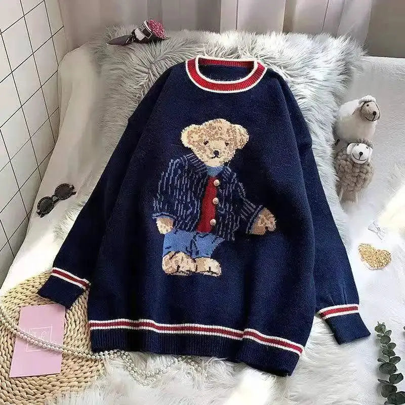 Japanese Cartoon Bear Knit Vest Oversized Cozy Autumn Style